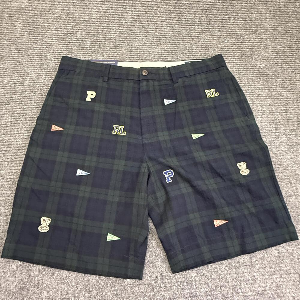 Polo Ralph Lauren Shorts Mens 34 Green Plaid Collegiate Embroidered 9 Inseam